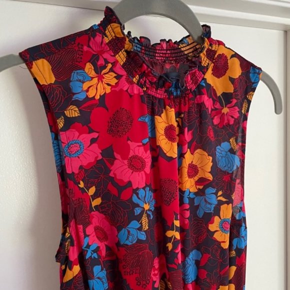 ModCloth Red Floral High Neck Ruffle Midi Dress, XSmall - Picture 2 of 8